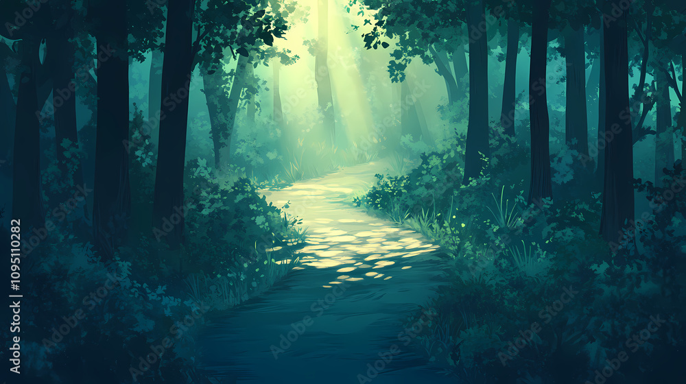 Obraz premium A winding path through a dense forest, lined with tall trees, sunlight filtering through the leaves. Emerald Forest Pathway. Illustration
