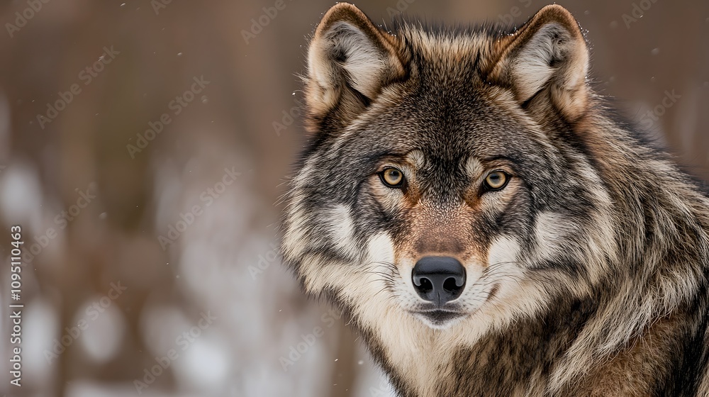 A close-up of the face and head of an American gray wolf, with its eyes looking directly at you in front of it A close-up of the face and head of an American gray wolf, with its eyes looking directly at you in front of it