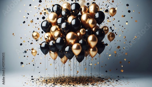 Black and gold balloons floating with confetti falling from above on gray background photo