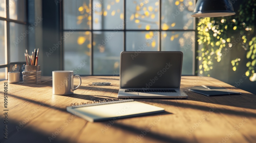 Fototapeta premium clean wooden workspace with laptop, coffee mug, and notebook