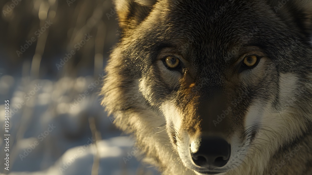 Fototapeta premium A close-up of the face and head of an American gray wolf, with its eyes looking directly at you in front of it