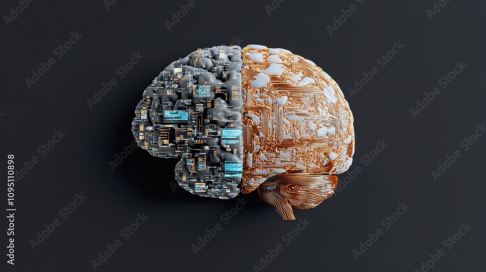 Abstract representation of a human brain with a digital and organic divide, showcasing technology, creativity, and the intersection of nature and artificial intelligence Abstract representation of a human brain with a digital and organic divide, showcasing technology, creativity, and the intersection of nature and artificial intelligence