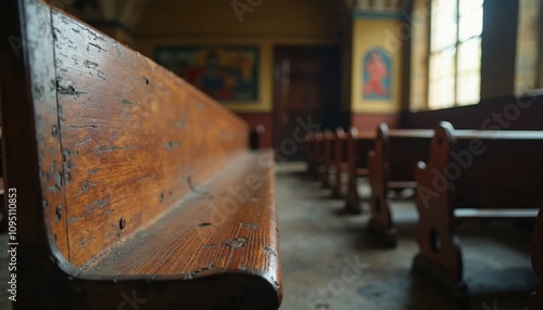 Rustic Wooden Church Pews with Serene Atmosphere in Historic Chapel Interior