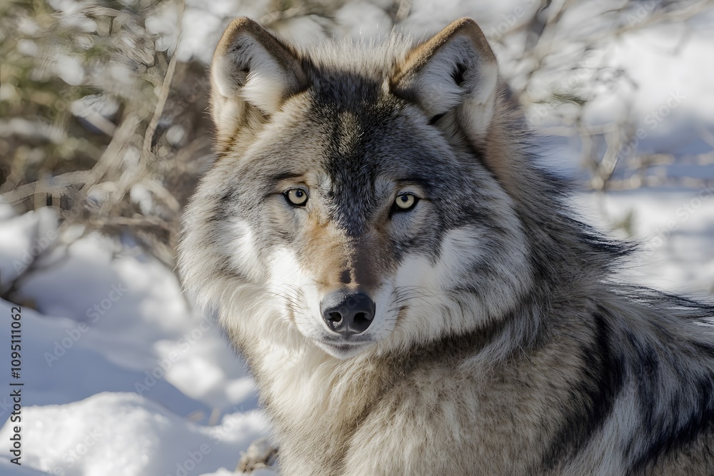 A close-up of the face and head of an American gray wolf, with its eyes looking directly at you in front of it A close-up of the face and head of an American gray wolf, with its eyes looking directly at you in front of it