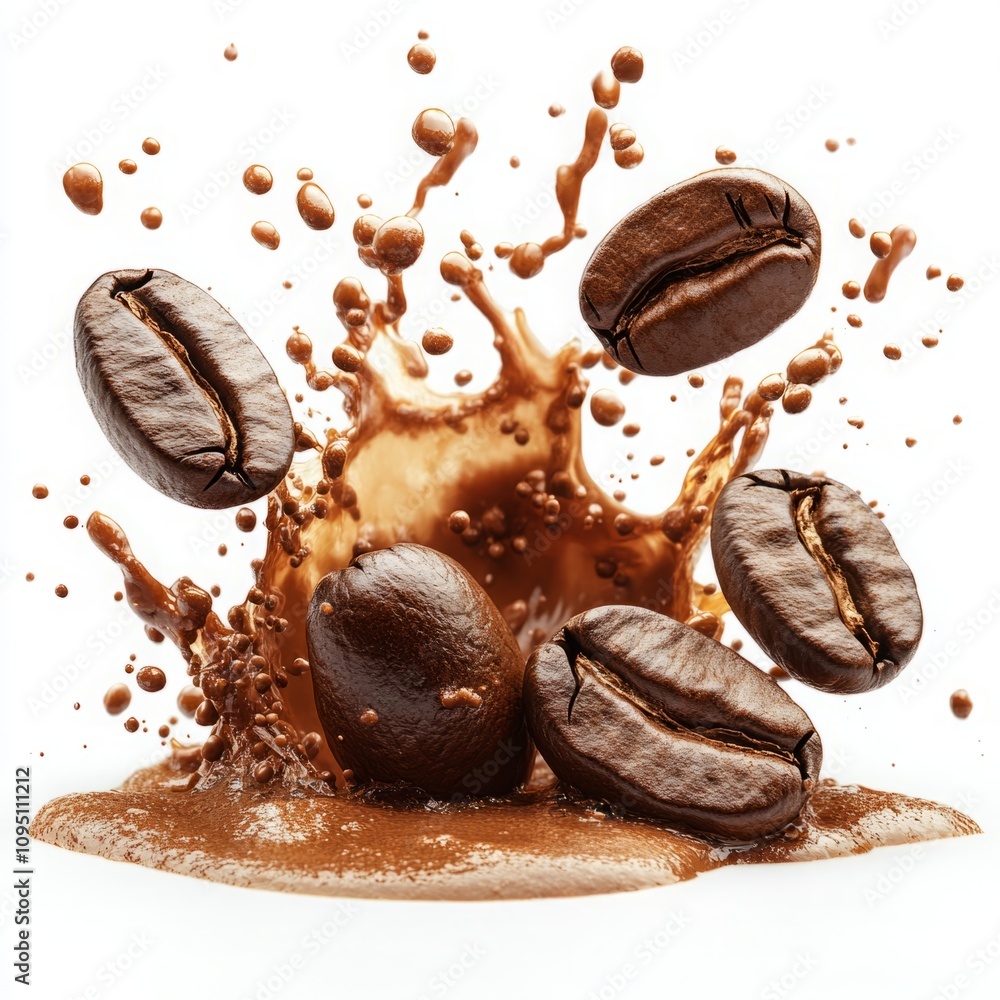 Roasted Coffee Beans in Dynamic Coffee Splashes Isolated on White Background, Perfect for Beverage Advertising Roasted Coffee Beans in Dynamic Coffee Splashes Isolated on White Background, Perfect for Beverage Advertising