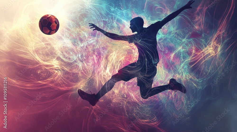 Naklejka premium A dynamic silhouette of a soccer player kicking a ball amidst colorful abstract swirls.
