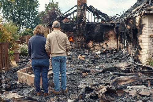 A couple standing in front of a damaged building, possibly after a fire