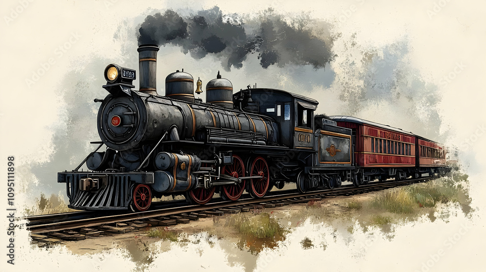 Naklejka premium Vintage Steam Train Illustration - Railway History