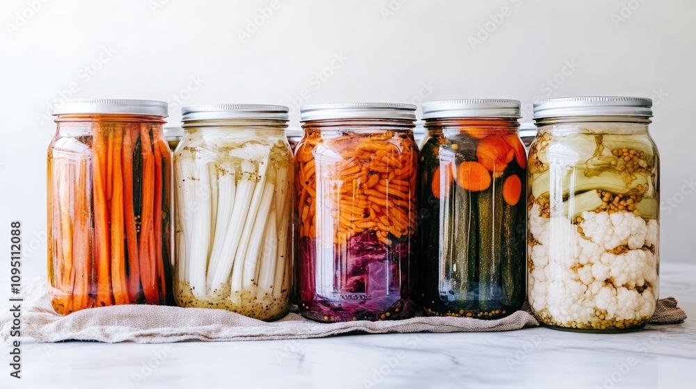 Colorful Jars of Pickled Vegetables and Fermented Foods Arranged on a Countertop with Light Background, Showcasing Diverse Preservation Techniques
