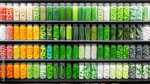 Colorful Display of Fresh Vegetables and Pickled Items in Jars on Shelves, Showcasing a Vibrant Arrangement of Natural Produce for Culinary Inspiration