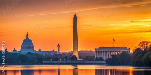 Stunning Minimalist Photography of the Washington DC Skyline at Sunset, Capturing Iconic Landmarks and Serene Urban Landscapes in a Calming Color Palette