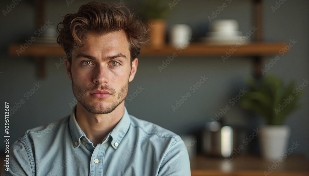Obraz premium Man with intense gaze posing in casual home setting