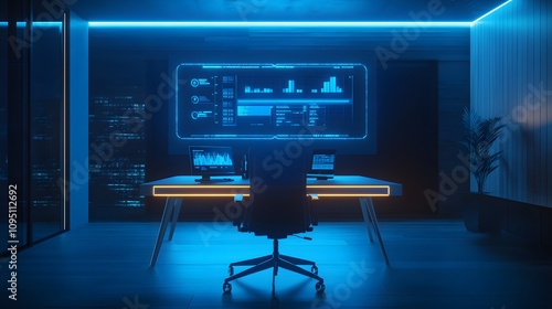 A minimalist office where employees engage in gamified productivity tasks through 3D glowing leaderboards and 2D motivational charts. 4k resolution, Cinematic Scene