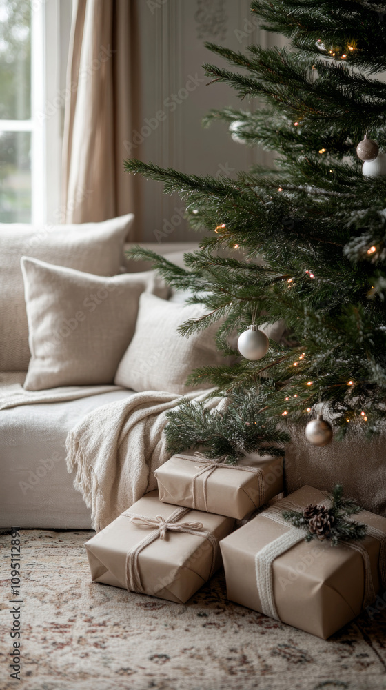 Cozy Christmas interior with natural wrapped gifts under tree, neutral tones and minimalist holiday decor
Cozy Christmas interior with natural wrapped gifts under tree, neutral tones and minimalist holiday decor