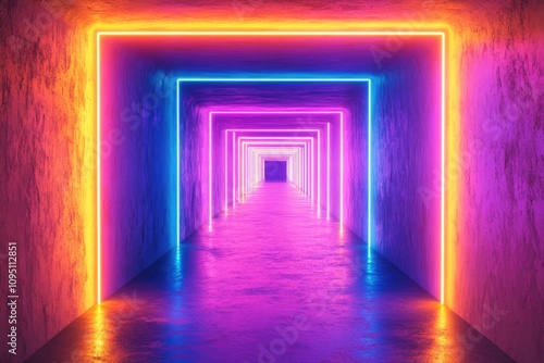 A long hallway illuminated by neon lights