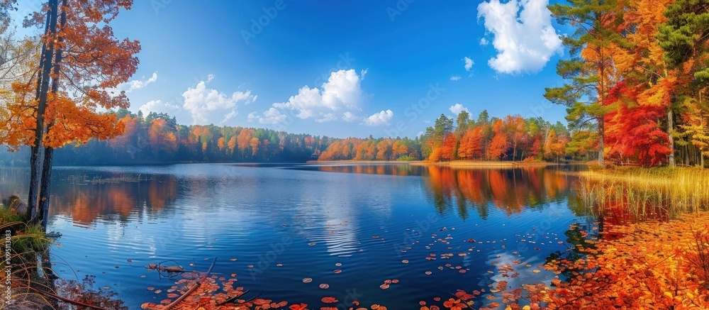 Naklejka premium Autumnal Serenity: A Tranquil Lake Surrounded by Vibrant Foliage