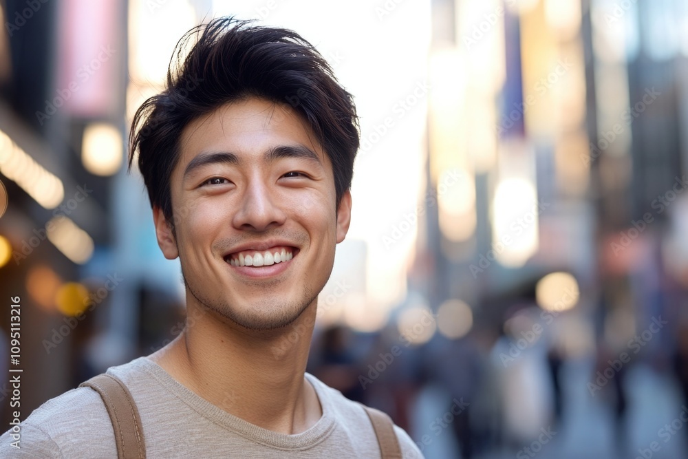 A happy young adult standing outdoors, smiling at something or someone A happy young adult standing outdoors, smiling at something or someone