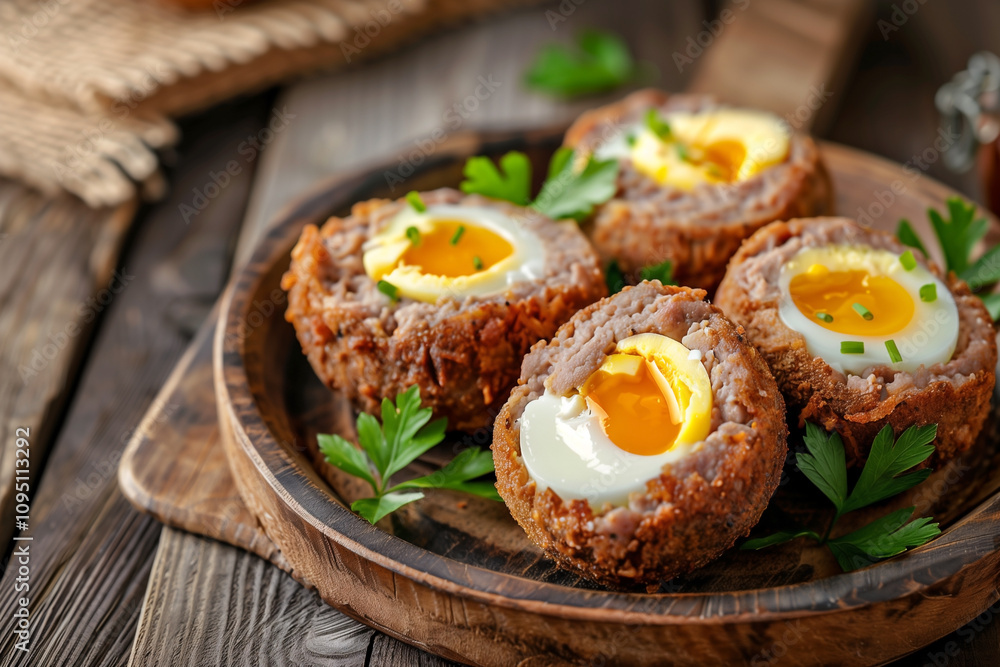 traditional scotch eggs on wooden plate, selective focus traditional scotch eggs on wooden plate, selective focus