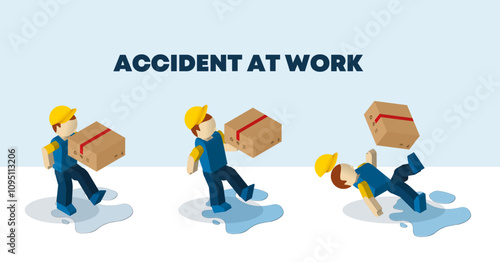 Accident at work, isometric character falling or slipping down