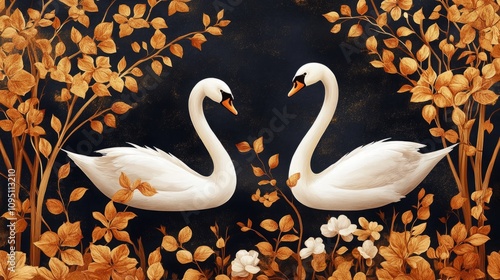 Seamless Vector Pattern of Elegant White Swans Amidst Delicate Plants on Dark Gold Background for Sophisticated Designs photo