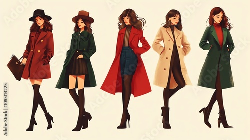 Five stylish women showcasing chic fall fashion, featuring coats, hats, and high heels, perfect for seasonal wardrobe inspiration.