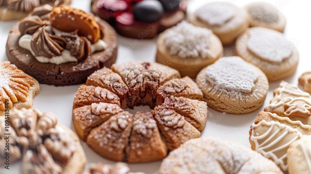 A variety of pastries arranged on a white table, ideal for bakery or cafe use A variety of pastries arranged on a white table, ideal for bakery or cafe use