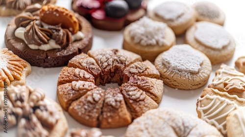 A variety of pastries arranged on a white table, ideal for bakery or cafe use