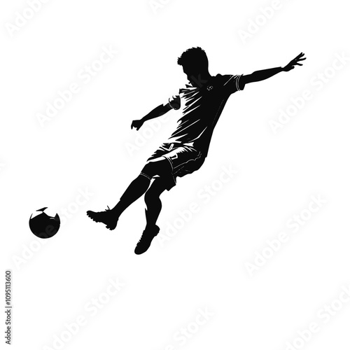 a black and white silhouette of a soccer player in action. The player is in mid-air, kicking the ball with his right foot
