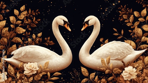 Seamless Vector Pattern of Elegant White Swans Amidst Delicate Plants on Dark Gold Background for Sophisticated Designs photo