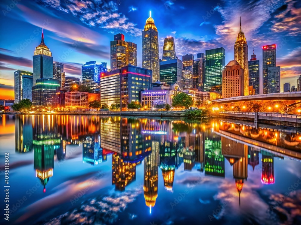 Naklejka premium Stunning Night Photography Showcasing Iconic Cities Across All 50 States in America, Capturing Unique Skylines and Urban Landscapes Under Starry Skies