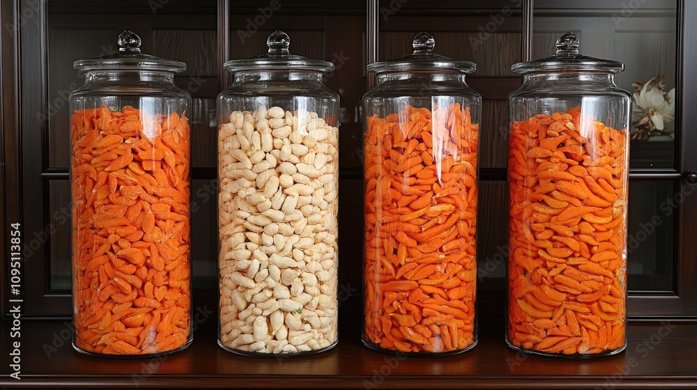 Colorful Display of Snack Foods in Glass Jars with Varied Shapes and Textures, Showcasing Crunchy Treats in Orange and White, Perfect for Food Photography Colorful Display of Snack Foods in Glass Jars with Varied Shapes and Textures, Showcasing Crunchy Treats in Orange and White, Perfect for Food Photography