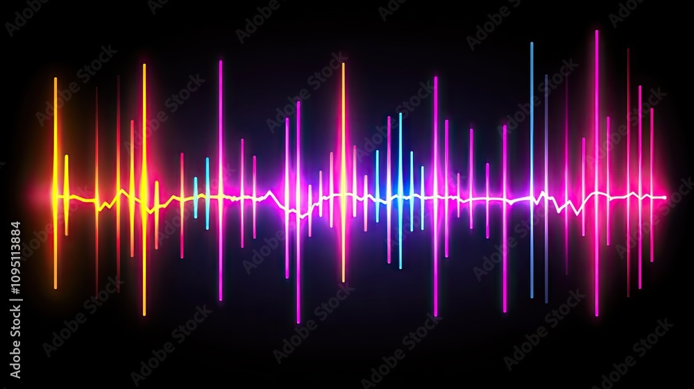 Vibrant Sound Wave Graphic in Colorful Spectrum Pattern Representing Audio Frequencies with Dynamic Visual Elements for Music and Technology Contexts Vibrant Sound Wave Graphic in Colorful Spectrum Pattern Representing Audio Frequencies with Dynamic Visual Elements for Music and Technology Contexts