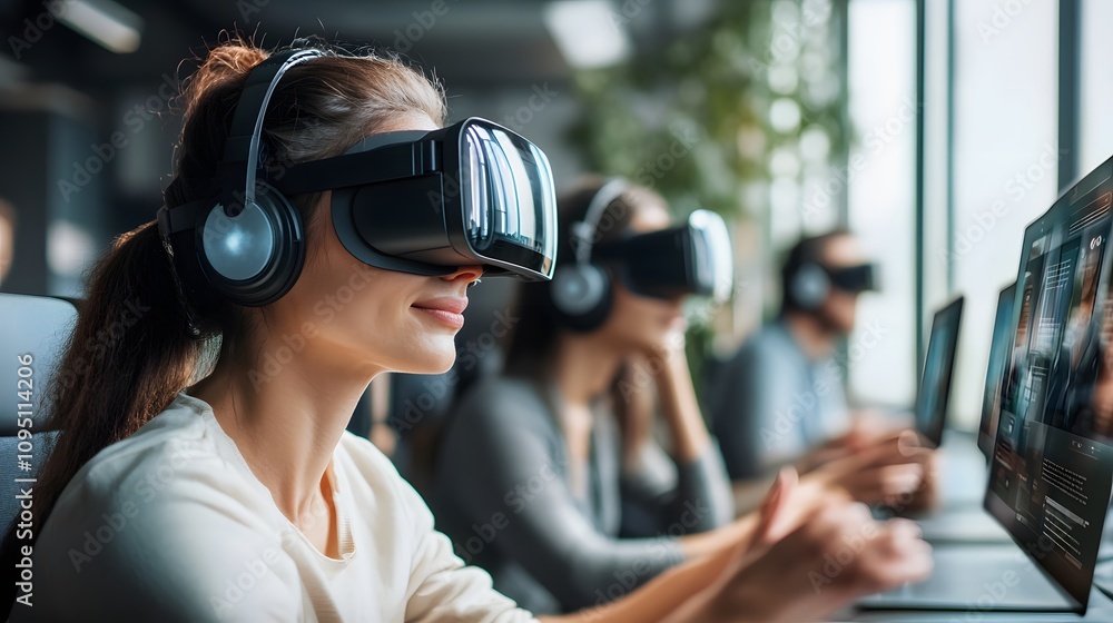A collaborative workspace featuring employees using AR glasses to interact with 3D training simulations, enhanced by 2D real-time feedback. 4k resolution, Cinematic Scene A collaborative workspace featuring employees using AR glasses to interact with 3D training simulations, enhanced by 2D real-time feedback. 4k resolution, Cinematic Scene