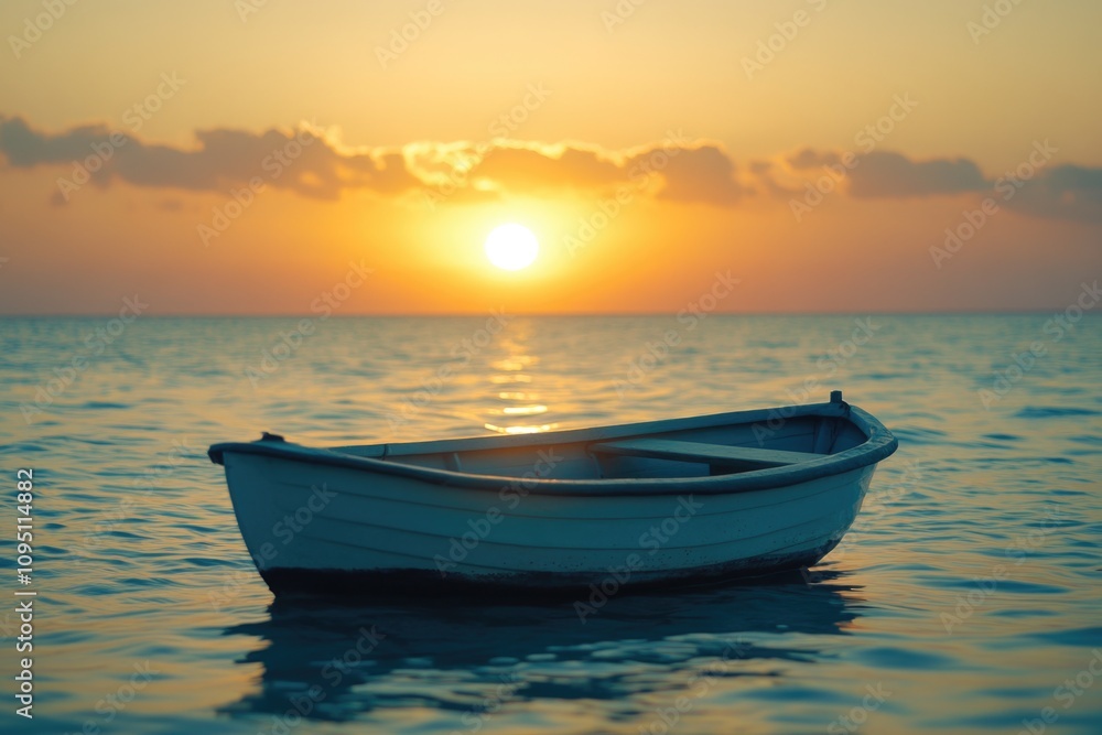 A small white boat floats on the surface of a calm body of water, perfect for use in scenes where serenity and peacefulness are key A small white boat floats on the surface of a calm body of water, perfect for use in scenes where serenity and peacefulness are key