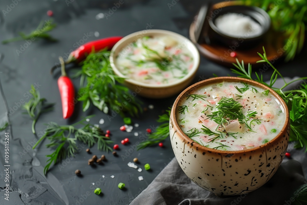 okroshka cold soup based on kvass, selective focus okroshka cold soup based on kvass, selective focus