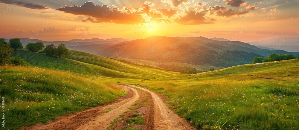 Sunset Over Rolling Hills With Winding Path Sunset Over Rolling Hills With Winding Path