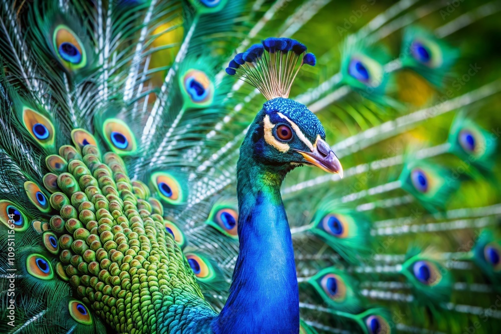 Obraz premium Stunning Portrait of a Vibrant Peacock Displaying Its Colorful Feathers Against a Lush Green Background, Perfect for Nature and Wildlife Enthusiasts