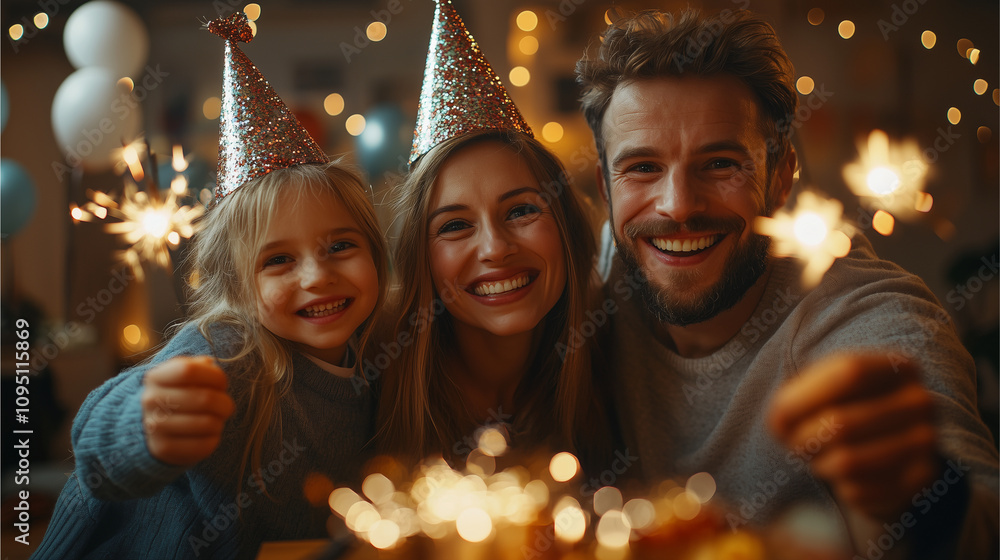 A joyful family wearing New Year’s party hats A joyful family wearing New Year’s party hats