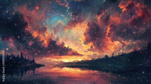 A breathtaking sunset with a fiery sky filled with stars reflecting on a still lake, surrounded by trees.