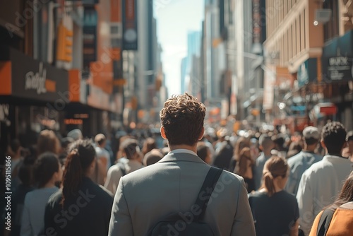 Grey Jacket Man Commutes Rush Hour Crowd, Urban Back View