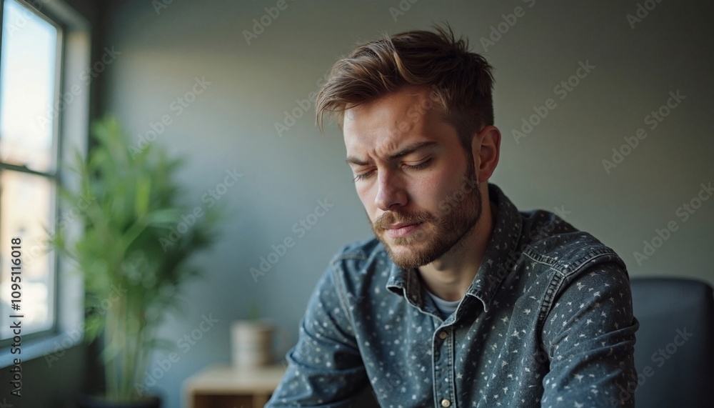 Obraz premium Young man with pensive mood contemplating life against window background