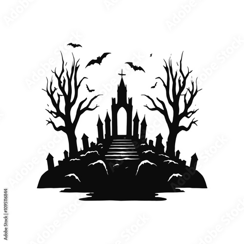 A dark silhouette of a haunted city skyline with a full moon, bare trees, and bats flying overhead.