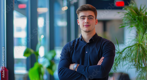 Jovem confiante demonstra estilo moderno e profissionalismo em ambiente de escritório vibrante photo