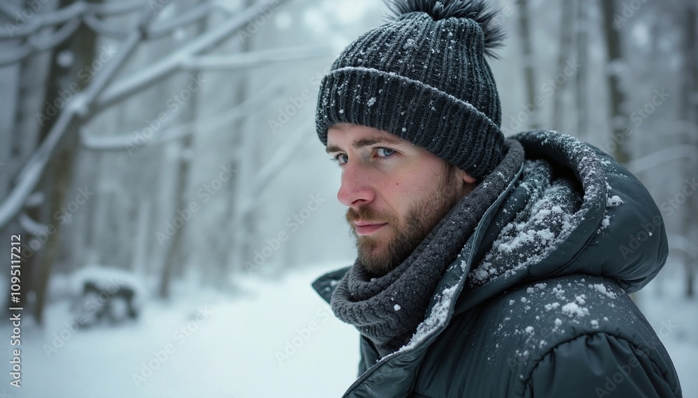 Man with determined expression braving winter storm against snowy forest background Man with determined expression braving winter storm against snowy forest background