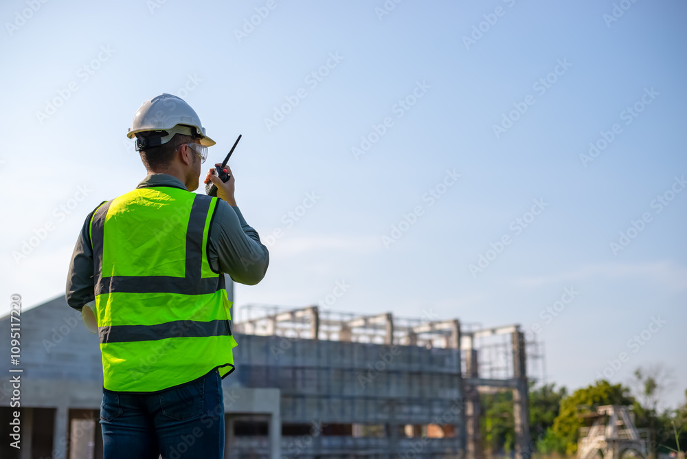 Engineers use walkie-talkies to communicate in building construction. Engineers use walkie-talkies to communicate in building construction.
