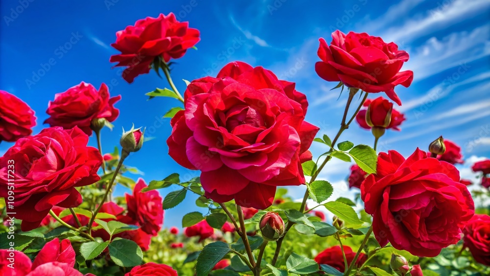 Fototapeta premium Stunning Red Roses Blooming Against a Clear Blue Sky, Capturing Nature's Splendor in a Vibrant Floral Display Perfect for Food Photography and Culinary Inspirations
