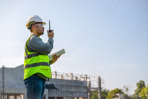 Engineers use walkie-talkies to communicate in building construction.