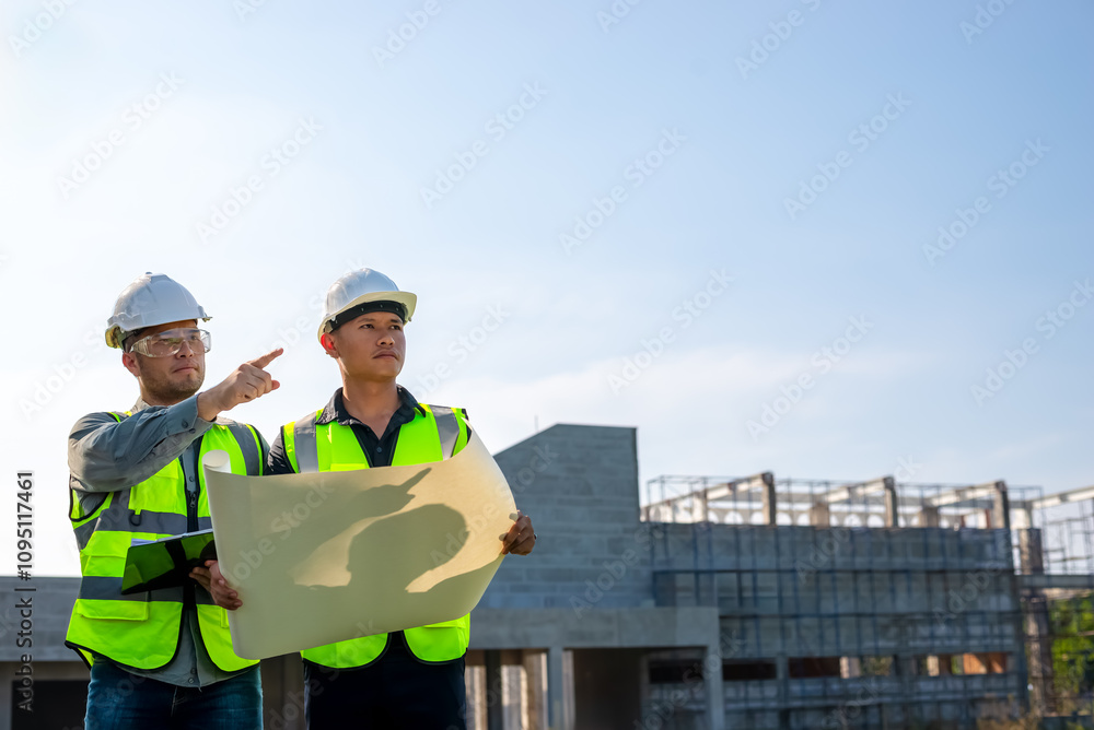 construction engineer Two officers are checking the progress of the building construction plan. construction engineer Two officers are checking the progress of the building construction plan.