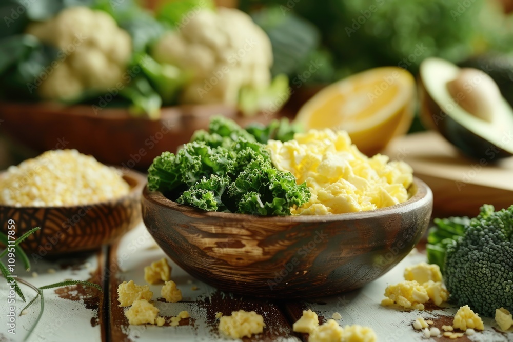 Fresh broccoli and mixed vegetables arranged in a wooden bowl Fresh broccoli and mixed vegetables arranged in a wooden bowl