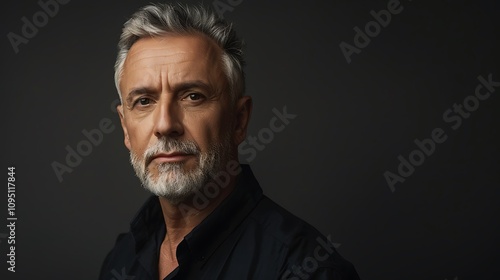 A mature man with gray hair and a beard poses confidently against a dark background.